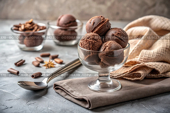 Sweet dessert. The love of ice cream. Balls of chocolate ice cream in a creamer. Ice cream day. Banner, advertisement. Стоковое AI-изображение, AI-художник Photojuli / Фотобанк Лори