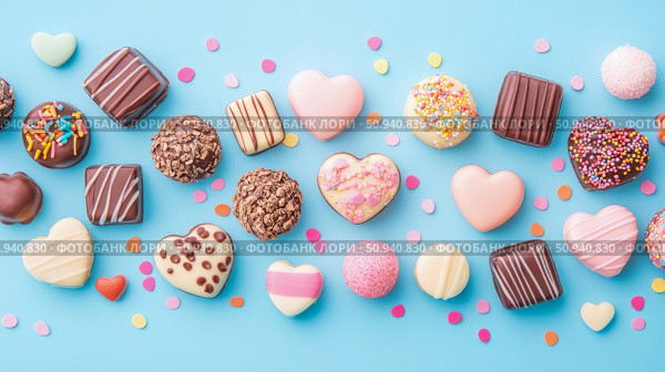 Sweet Valentine's Day chocolate assortments on blue backdrop for festive card, party, and advertising material. Стоковое AI-изображение, AI-художник Данила Большаков / Фотобанк Лори