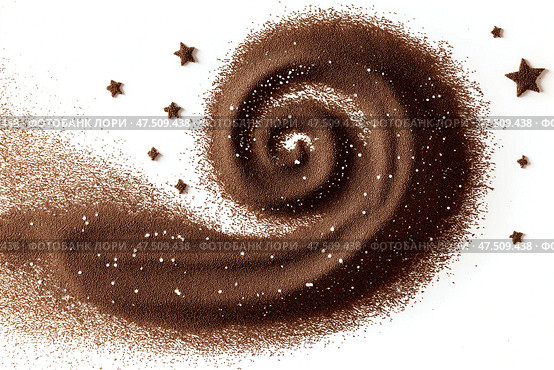 Swirl pattern of spilled coffee grounds with scattered stars and sparkles. Вихревой узор из пролитой кофейной гущи с россыпью звезд и блесток. Стоковое AI-изображение, AI-художник Katsiaryna Repich / Фотобанк Лори