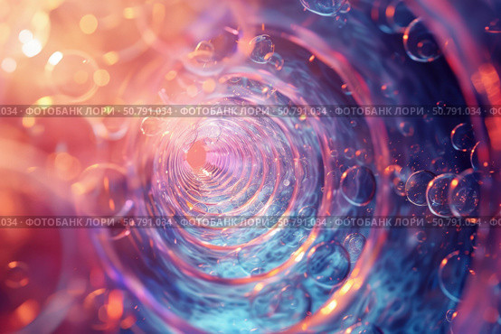 Swirling vortex tunnel with bubbles creating a dazzling light show. Стоковое AI-изображение, AI-художник Иван Рябоконь / Фотобанк Лори