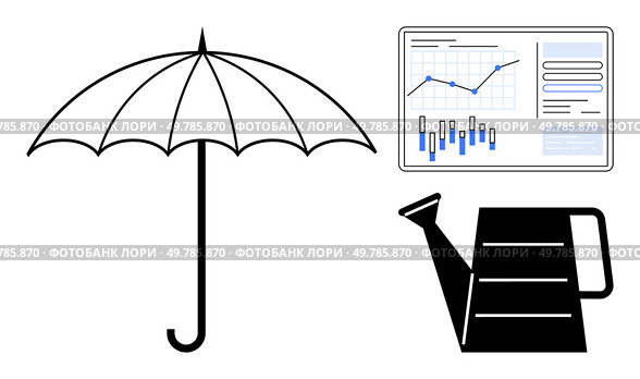 Symbols include an umbrella for protection, watering can for growth, and performance chart for data analysis. Ideal for security, growth, analytics, weather, gardening, business performance. Umbrella, watering can, and performance chart metaphors for protection, growth, and analysis. Стоковая иллюстрация, агентство Ingram Publishing / Фотобанк Лори