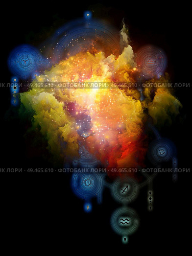 Symbols of Beyond. Platonic Space series. Abstract fractal nebula and mystic signs on subject of inner Self, astrology, the occult, witchcraft, magic and its symbols. Стоковое фото, агентство Ingram Publishing / Фотобанк Лори