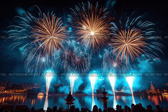 Symbols of the holiday: fantastic fireworks in the night sky, creating unforgettable visual moments. Стоковое AI-изображение, AI-художник Юрий Поздников / Фотобанк Лори