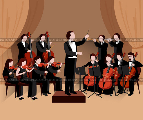 Symphonic orchestra with conductor violins chello and trumpet musicians flat vector illustration. Symphonic Orchestra Flat. Стоковая иллюстрация, агентство Ingram Publishing / Фотобанк Лори