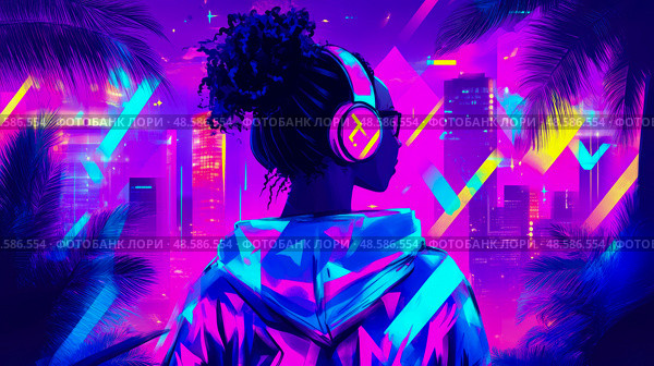 Synthwave Reverie: A Woman in Headphones Gazes at the Cityscape. Стоковое AI-изображение, AI-художник Данила Большаков / Фотобанк Лори
