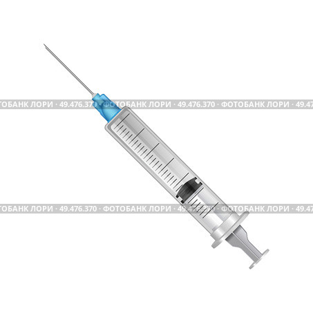 Syringe for people injections, medical instrument with long sharp metallic needle and container for curing liquid isolated on vector illustration. Syringe for People Injections Vector Illustration. Стоковая иллюстрация, агентство Ingram Publishing / Фотобанк Лори