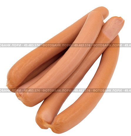 Сырые сосиски в натуральной оболочке на белом фоне. Uncooked sausages in natural shell isolated on white. Стоковое фото, фотограф Татьяна Д / Фотобанк Лори