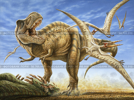 T-rex tries to fend off scavenging pterosaurs from his recent kill. Стоковое фото, фотограф Phil Wilson/Stocktrek Images / ТАСС / Фотобанк Лори