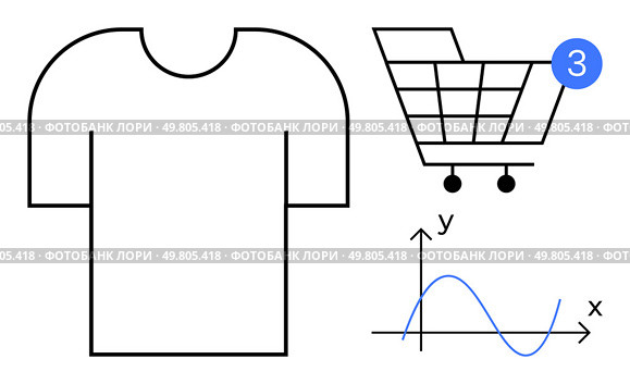 T-shirt outline, shopping cart with notification badge, and line graph indicating fluctuating sales trends. Ideal for e-commerce, online shopping, retail analysis, sales trends, consumer behavior. Online Shopping Combination T-shirt, Cart with Notification, and Line Graph Indicating Sales Trends. Стоковая иллюстрация, агентство Ingram Publishing / Фотобанк Лори