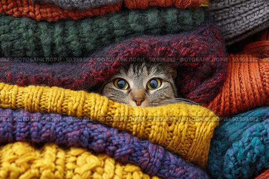 Tabby cat hiding under warm blanket at home. Cute pet. Hide and seek. Furry cat nestling between soft knitted sweaters, relaxing in comfortable hiding spot. Feline muzzle peeks out from under blanket. Стоковое AI-изображение, AI-художник Марина Демидюк / Фотобанк Лори
