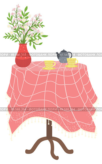 Table in kitchen with stuff for drinking tea or coffee. Tablecloth checkered and vase on it red with blossom flowers. Blue kettle and two yellow cups. Vector illustration in flat style. Table in Kitchen with Stuff, Kettle and Teacups. Стоковая иллюстрация, агентство Ingram Publishing / Фотобанк Лори