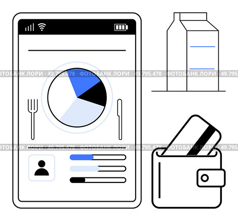 Tablet screen displaying nutritional data with pie chart, health stats, milk carton, wallet with credit card. Ideal for diet management, health apps, finance tracking, shopping, budgeting. Digital Nutritional Tracking with Tablet Chart, Milk Carton, and Wallet for Health and Finance. Стоковая иллюстрация, агентство Ingram Publishing / Фотобанк Лори