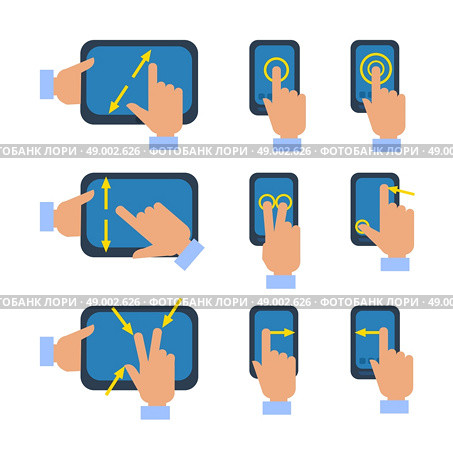 Tablets and smartphones touchscreen gestures turn select enlarge reduce icons set flat isolated vector illustration . Touchscreen gestures icons set. Стоковая иллюстрация, агентство Ingram Publishing / Фотобанк Лори