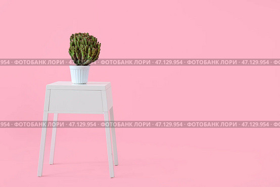 Табуретка с кактусом в горшке на розовом фоне. Стоковое фото, фотограф Pixel_shot / Фотобанк Лори