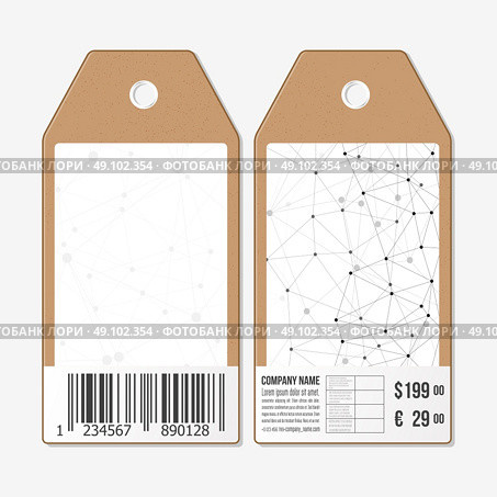 Tags design on both sides, cardboard sale labels with barcode. Molecule structure, connection vector, science polygonal background. Стоковая иллюстрация, агентство Ingram Publishing / Фотобанк Лори