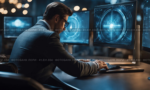 Talented Young male Professional Working in a Technological Research and Development Agency. Computer Screens with Software Code and Technical Neural Network Diagrams. Multiscreen set up. AI. Стоковое AI-изображение, AI-художник Sergey Grishin / Фотобанк Лори