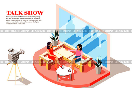 Talk show hostess and guest in studio isometric background 3d vector illustration. Стоковая иллюстрация, агентство Ingram Publishing / Фотобанк Лори