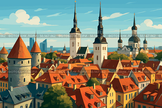 Tallinn Cityscape with Medieval Towers and Modern Glass Buildings. Стоковая иллюстрация, иллюстратор Максим Гребешков / Фотобанк Лори