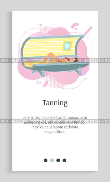 Tanning spa procedure, female lying in solarium, woman character wearing swimsuit sunbathing in sunroom, glamour skincare, salon equipment vector. Website slider app template, landing page flat style. Woman Sunbathing in Solarium, Spa Skincare Vector. Стоковая иллюстрация, агентство Ingram Publishing / Фотобанк Лори