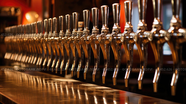 taps row of beer ai generated. Стоковое AI-изображение, AI-художник Vectorwin / Фотобанк Лори