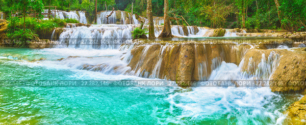 Tat Sae Waterfalls. Beautiful landscape, Laos. Panorama (2017 год). Редакционное фото, фотограф Ольга Хорошунова / Фотобанк Лори
