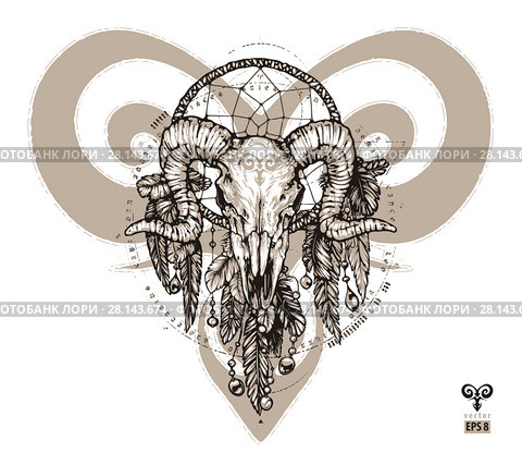 Tattoo aries and dream catcher. Zodiac sign with decorative elements of Indian and boho. Стоковая иллюстрация, иллюстратор Александр Павлов / Фотобанк Лори