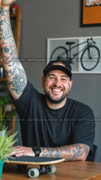 Tattooed lucky freelancer in front of his working space, surrounded with his hobby toys longboard, vintage bicycle and green plant, stretching his hand in air. Стоковое AI-видео, аниматор Sergey Grishin / Фотобанк Лори