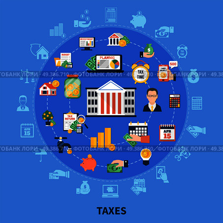 Taxes round composition on blue background with incomes, financial advisor, burden calculation and payment time vector illustration. Taxes Round Composition. Стоковая иллюстрация, агентство Ingram Publishing / Фотобанк Лори