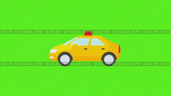 Taxi car on a green screen. Yellow taxi motion isolated on green background. Taxi cab is moving animated on chroma key backdrop. 2D Animation. 4K Video. Vehicle whose wheels are spinning and driving. Стоковое AI-видео, аниматор Марина Демидюк / Фотобанк Лори