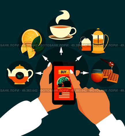 Tea buying online composition with smartphone in hands, cup, teapots, honey, lemon on green background vector illustration. Tea Buying Online Composition. Стоковая иллюстрация, агентство Ingram Publishing / Фотобанк Лори