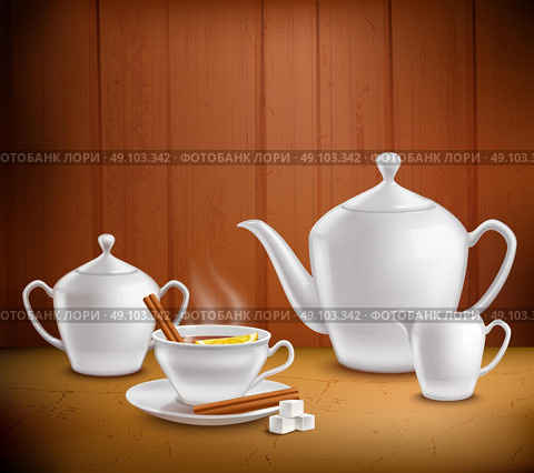 Tea Set Composition. Tea set composition with pot hot teacup and milk jug on table near wooden wall vector illustration . Стоковая иллюстрация, агентство Ingram Publishing / Фотобанк Лори