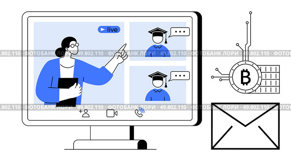 Teacher instructing graduates via a video call on a computer screen. Ideal for online education, video conferencing, e-learning, digital communication, virtual learning events, cryptocurrency. Online Education Session with Instructor and Graduates and Digital Business Elements. Стоковая иллюстрация, агентство Ingram Publishing / Фотобанк Лори