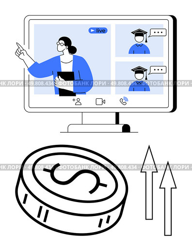 Teacher instructing on a live online class with two students coin with dollar sign and arrows pointing up. Ideal for e-learning, finance, investments, career development, business growth, webinars. Online Education Webinar with Teacher and Students, Coin Icon Representing Financial Growth, Upward Arrows. Стоковая иллюстрация, агентство Ingram Publishing / Фотобанк Лори