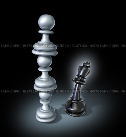 Teaming up as an organised  business team for a powerful opponent with three chess pawns stacked on top of each other forming a strong partnership that towers over the fearful king as a winning strategy. Стоковое фото, агентство Ingram Publishing / Фотобанк Лори