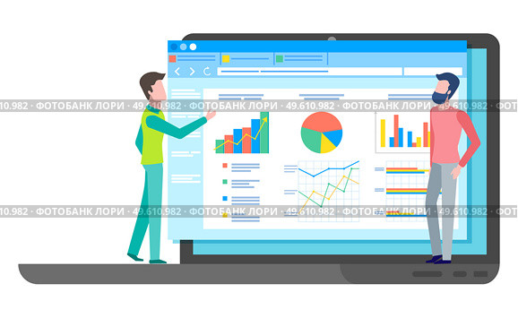 Teamwork concept. Development of a plan how to attract a customers. Man standing on laptop communicate, collaboration and discussion graphical business report with data charts and graphs on web page. Teamwork concept, collaboration and discussion graphical business report with charts and graphs. Стоковая иллюстрация, агентство Ingram Publishing / Фотобанк Лори