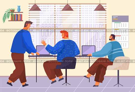 Teamwork, office life, workers men with laptops sitting near table and talking, colleagues discussing work moments, people working near window, partners, project managers, businesspeople communication. Teamwork, office life, workers men with laptops sitting at table talking, colleagues discussing work. Стоковая иллюстрация, агентство Ingram Publishing / Фотобанк Лори