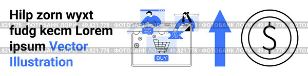 Teamworking on laptops, shopping cart, blue upward arrow, and dollar sign indicate growth, revenue, and e-commerce success. Ideal for online shopping, business growth, teamwork revenue increase. E-commerce growth with online shopping, teamwork, and revenue increase represented visually. Стоковая иллюстрация, агентство Ingram Publishing / Фотобанк Лори
