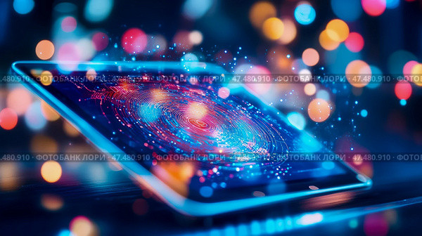 Tech Device: Digital Future Blueprint displayed on a sleek gadget with glowing node connections for data stream network visualization. Стоковое AI-изображение, AI-художник Данила Большаков / Фотобанк Лори