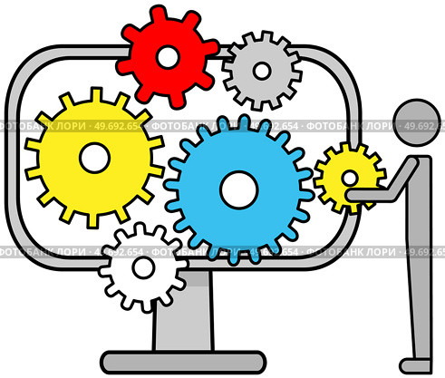 Technical support, computer service concept. Gear icons on monitor screen, equipment setup. Program for working with software or maintenance of electronic device. Installation of technology settings. Technical support, computer service concept. Gear icons on monitor screen, equipment setup. Стоковая иллюстрация, агентство Ingram Publishing / Фотобанк Лори