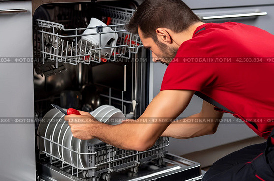 Technician fixing dishwasher. Generate ai. Стоковое AI-изображение, AI-художник Иван Рябоконь / Фотобанк Лори