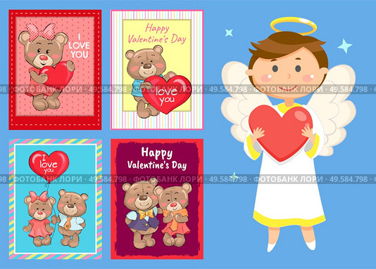 Teddy holding Valentine, postcard decorated by frame. Romantic card with furry bear, boy with wings and nimbus holding heart, greeting with love vector. Card with Teddy and Angel, Valentine Day Vector. Стоковая иллюстрация, агентство Ingram Publishing / Фотобанк Лори