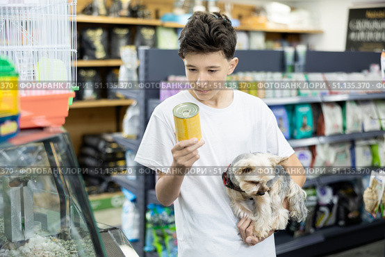 Teenage boy choosing canned dog food for Yorkshire terrier at pet store. Стоковое фото, фотограф Яков Филимонов / Фотобанк Лори