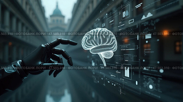 Технологии: рука робота управляет голографической моделью мозга, AI-generation. Стоковое AI-изображение, AI-художник Елена Скрипкина / Фотобанк Лори