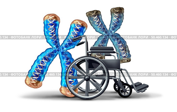 Telomere shortening and aging concept or reduction of telomeres located on the end caps of a chromosomes resulting in damaged DNA as a young chromosome pushing a wheel chair or wheelchair pushing old genetic material with 3D illustration elements. Стоковое фото, агентство Ingram Publishing / Фотобанк Лори