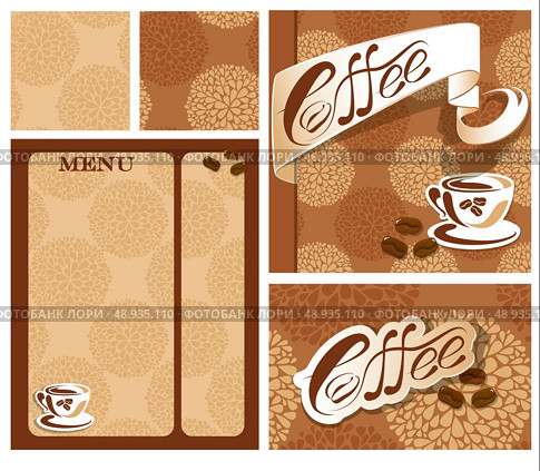 Template designs of menu and business card for coffee house  with coffee cup, beans, calligraphic text COFFEE. Background for restaurant or cafe menu, seamless patterns available. Стоковая иллюстрация, агентство Ingram Publishing / Фотобанк Лори