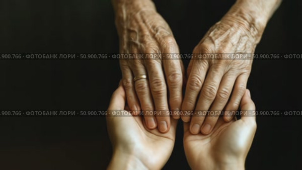 Tender connection: young hands embrace aging hands in a gentle gesture of care and support. Стоковое AI-видео, аниматор Владимир Федоров / Фотобанк Лори