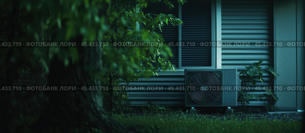 Тепловой насос. HVAC для эффективного использования энергии в жилых помещениях, зеленая энергия, энергия 4.0. Кондиционер для жилых помещений, эффективно работающий в пышной обстановке заднего двора. Стоковое AI-изображение, AI-художник ФотоИнтеллект / Фотобанк Лори