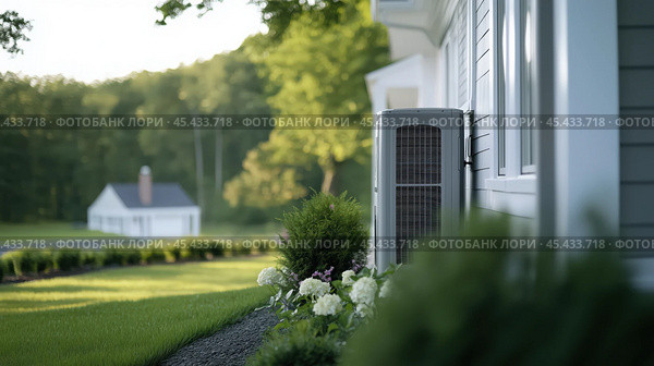 Тепловые насосы HVAC для эффективного использования энергии в жилых помещениях, зеленая энергия, энергия 4.0. Эффективная работа кондиционера в жилых помещениях в пышной обстановке заднего двора. Стоковое AI-изображение, AI-художник ФотоИнтеллект / Фотобанк Лори
