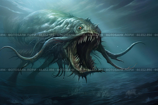 Terrifying sea monster emerging from ocean depths. Стоковое AI-изображение, AI-художник Иван Рябоконь / Фотобанк Лори