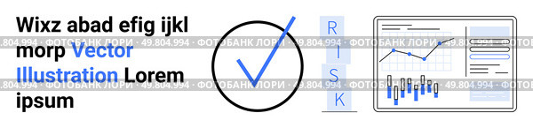 Text in black, blue checkmark inside a circle, letters RISK stacked vertically, and analytics charts showing graphs and bar charts. Ideal for data analysis, risk management, business presentations. Data Analysis Essentials with Charts, Checkmark, and Acronym Risk Highlighted. Стоковая иллюстрация, агентство Ingram Publishing / Фотобанк Лори